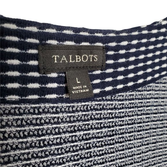 Talbots Size L Sweater Notched Neckline Basketweave Knit Cotton Blend Blue White - Picture 6 of 6